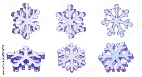 Purple glass snowflakes arranged on a white background representing winter decoration and Christmas themes