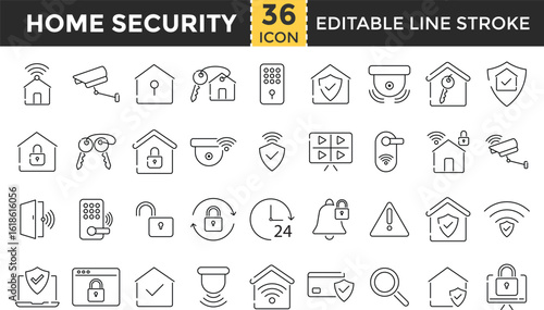 Home Security Line Icon Set. Pixel Perfect and Outline Editable Stroke Icons collection for Home Security, House Protection, Smart House, Alarm, Surveillance, Safety, Lock, CCTV, Sensor,Access Control