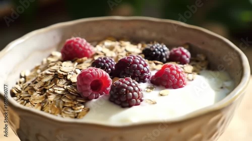 Yogurt with granola and berries in a bowl