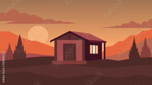 Eerie Small Abandoned Building in Countryside at Sunset Glow