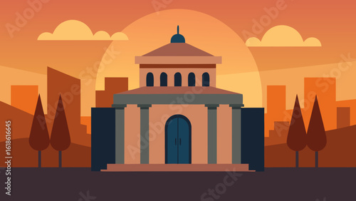 Charming Historic Building in Cityscape Bathed in Golden Sunrise Light