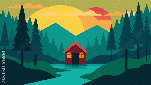 Rustic Small House by River Surrounded by Dense Forest Wilderness