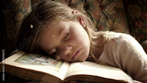 Sleepy child resting on an open book