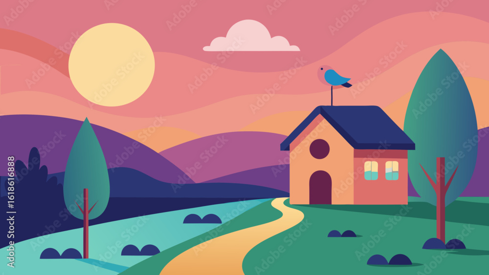 Naklejka premium Charming Small House by River with Birdhouse in Garden Nature Retreat