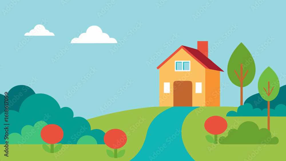 Fototapeta premium Charming Small House by River with Large Well Tended Garden