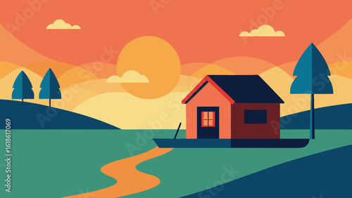 Charming Small House by River with Kayak on Bank Ready for Adventure