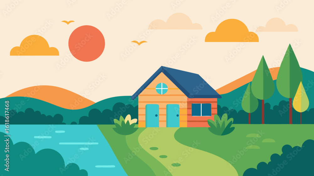 Fototapeta premium Cozy Small House by River with Thriving Vegetable Garden Produce