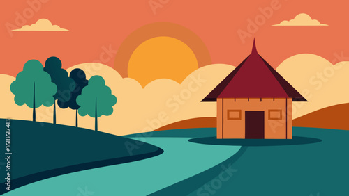 Rustic Small House by River with Charming Thatched Roof at Sunset