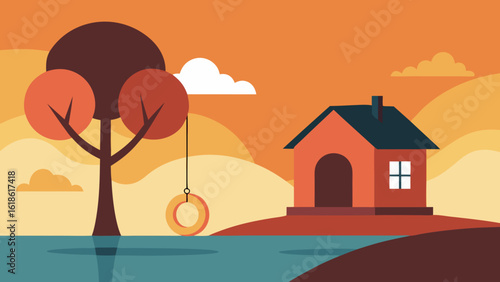 Quaint Small House by River with Classic Tire Swing Hanging Near Water