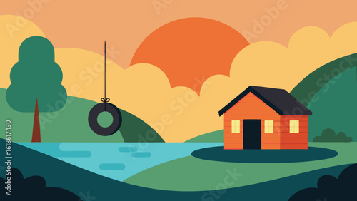 Charming Small House by River with Playful Tire Swing at Sunset