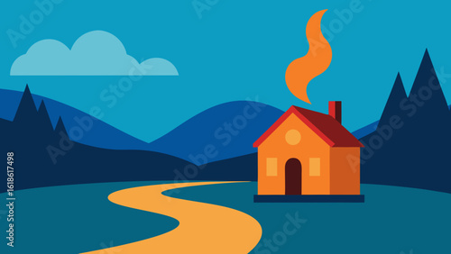 Cozy Small House by River Emitting Warm Glow from Fireplace