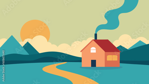Rustic Small House by River with Smoke Curling from Chimney Warm Home