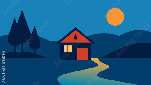 Tranquil Small House by River Bathed in First Light of Morning Dawn