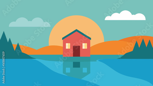 Beautiful Small House by River with Sunrise Reflections on Water