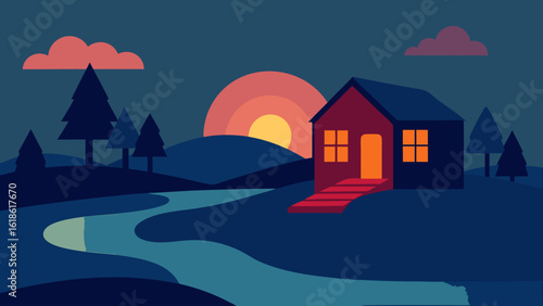 Cozy Small House by River with Warm Light Emitting from Windows