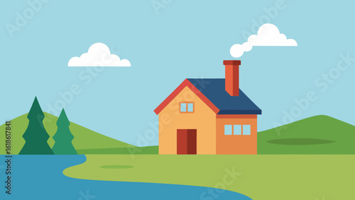 Cozy Small House with Smoking Chimney on Riverbank Warm Inviting Home