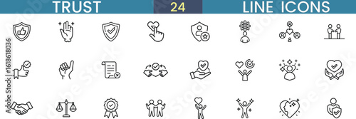 Set of 24 Trust Line Icons Vector for Security, Reliability, and Relationship Concepts