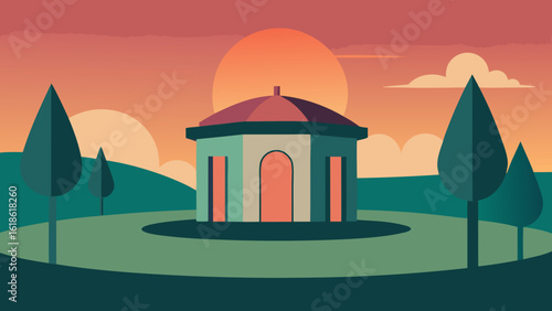 Charming small round building in a park at sunset tranquil scene