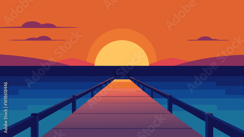 Peaceful sunset over a calm sea seen from a pier tranquil ocean