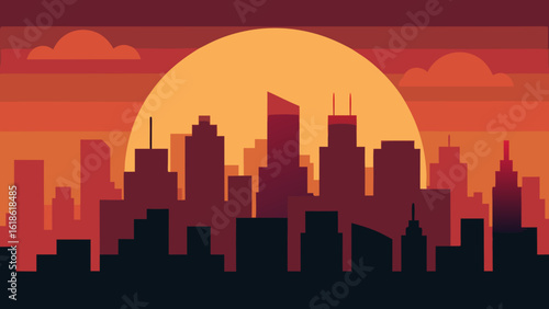 Vibrant sunset over a city with the sky reflecting in a skyscraper