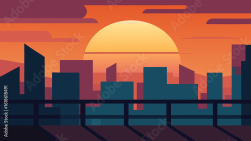 Panoramic sunset over a city viewed from a high rise apartment balcony