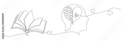 continuous line drawing of human head and brain with book