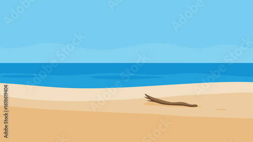 Minimalist wide empty beach with an elegant piece of driftwood serene