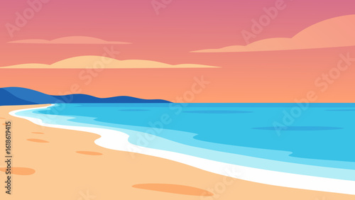 Serene wide empty beach with gentle waves at sunset tranquil ocean