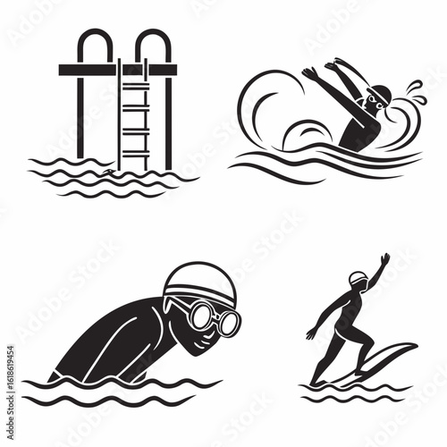 Collection of stylized black and white icons representing swimming and surfing activities