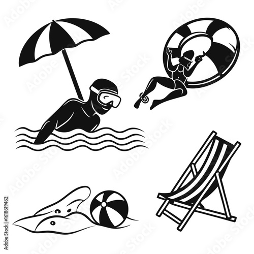 Summer beach vacation icons with swimming diving beach chair and beach ball