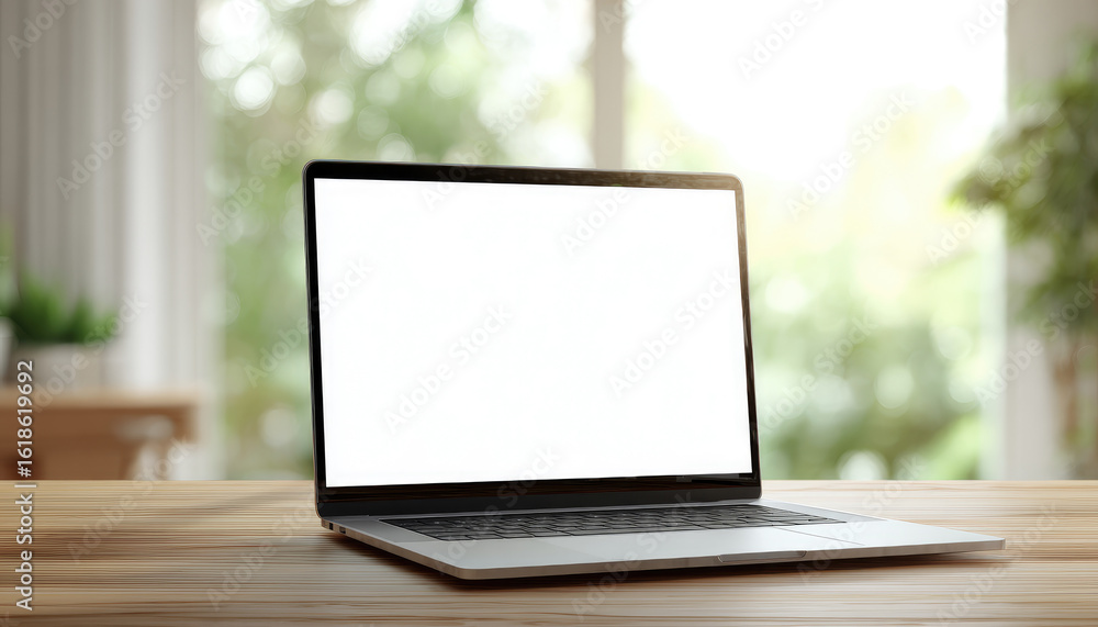 Contemporary workspace with laptop and blank screen mockup in bright environment ideal for creative projects and digital presentations Contemporary workspace with laptop and blank screen mockup in bright environment ideal for creative projects and digital presentations