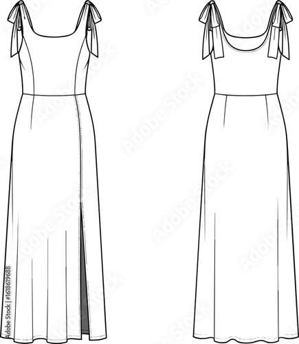 Elegant women’s maxi dress with tie shoulder straps, front and back CAD view, fashion flat sketch, vector technical illustration