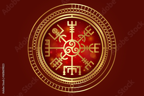 Gold Vegvisir ancient navigation compass and Triskele, hand-drawn Magic Celtic sign. The Vikings used many symbols in accordance to Norse mythology. Esoteric Wiccan Logo icon, red background