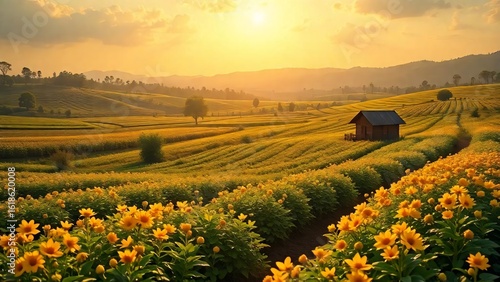 Tuscan landscape at sunrise with a huge harvest land, green hills, and a cloudy sky
