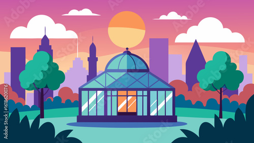 Elegant city park with a conservatory or greenhouse at sunset botanical