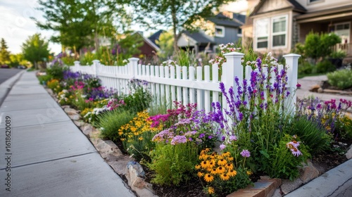 Wallpaper Mural Vibrant flowerbeds line a white picket fence bordering a residential street Torontodigital.ca