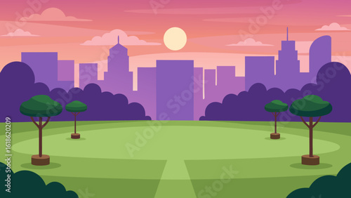 Expansive city park with a large open lawn empty at sunset tranquil
