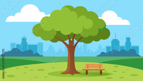 Inviting city park with a large shady tree perfect for relaxation