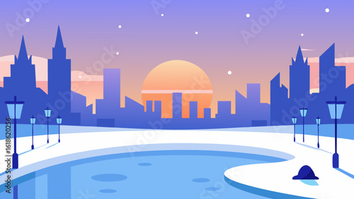 Tranquil city park with a frozen pond in winter at sunrise serene