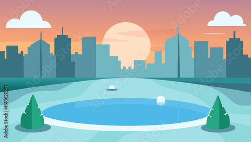 Winter city park with a pond featuring a thin layer of ice at sunrise