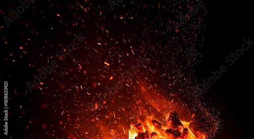 Fiery sparks and embers rise from a glowing campfire at night