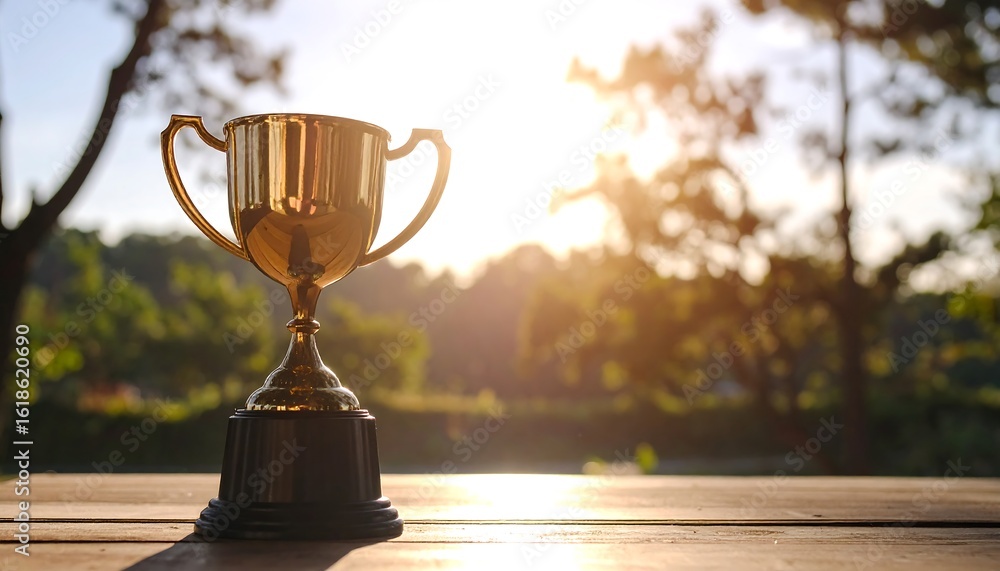 Naklejka premium Golden trophy on wooden surface with natural background