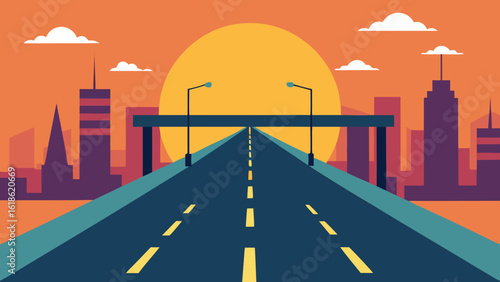 Urban city road with a pedestrian overpass at sunrise morning commute
