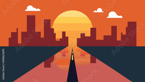 Reflective city road with a sunrise reflection in a puddle beautiful