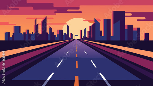 Dynamic city road with blurred light trails from traffic long exposure