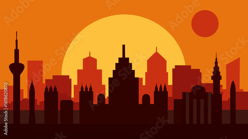 Dynamic city skyline with the sun setting directly behind buildings
