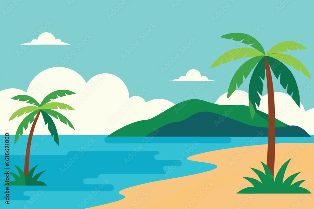 Fototapeta premium a serene tropical beach with palm trees, blue sea, and white clouds creating a peaceful scene vector illustration