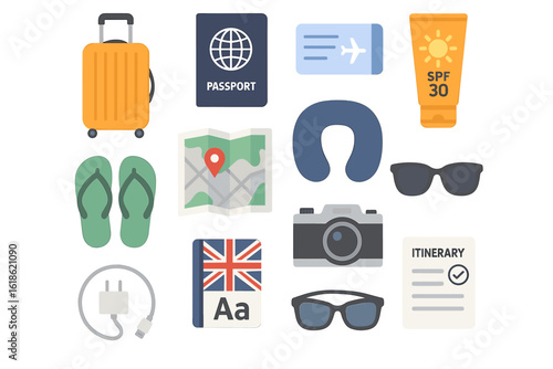 Travel essentials: passport, map, sunglasses, camera, itinerary, sunscreen, flip-flops, luggage