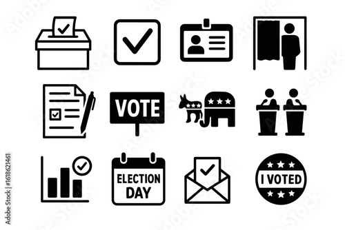 Election symbols: voting, ballot box, id card, political parties, and election day icons