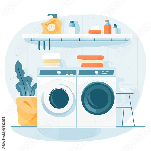 Front load washing machine dryer laundry room interior with detergent bottles towels potted plant flat vector illustration